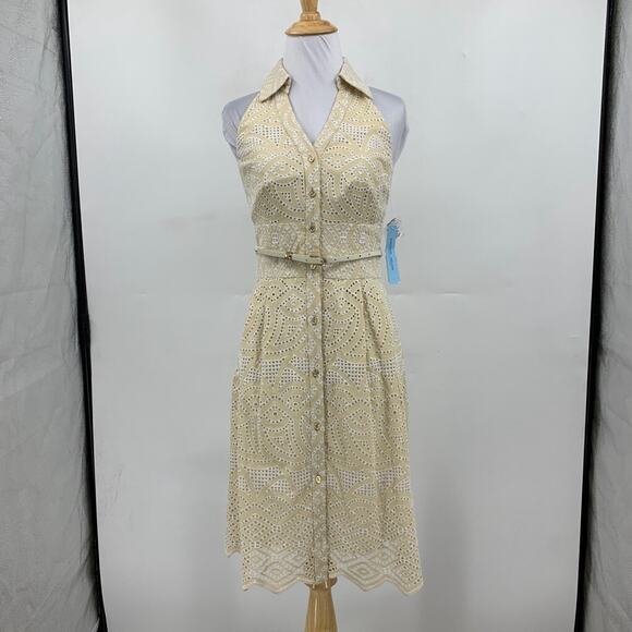 Antonio Melani Dress Womens 2 Multi Halle Eyelet Button Up Collared Belted Lined - Picture 2 of 13